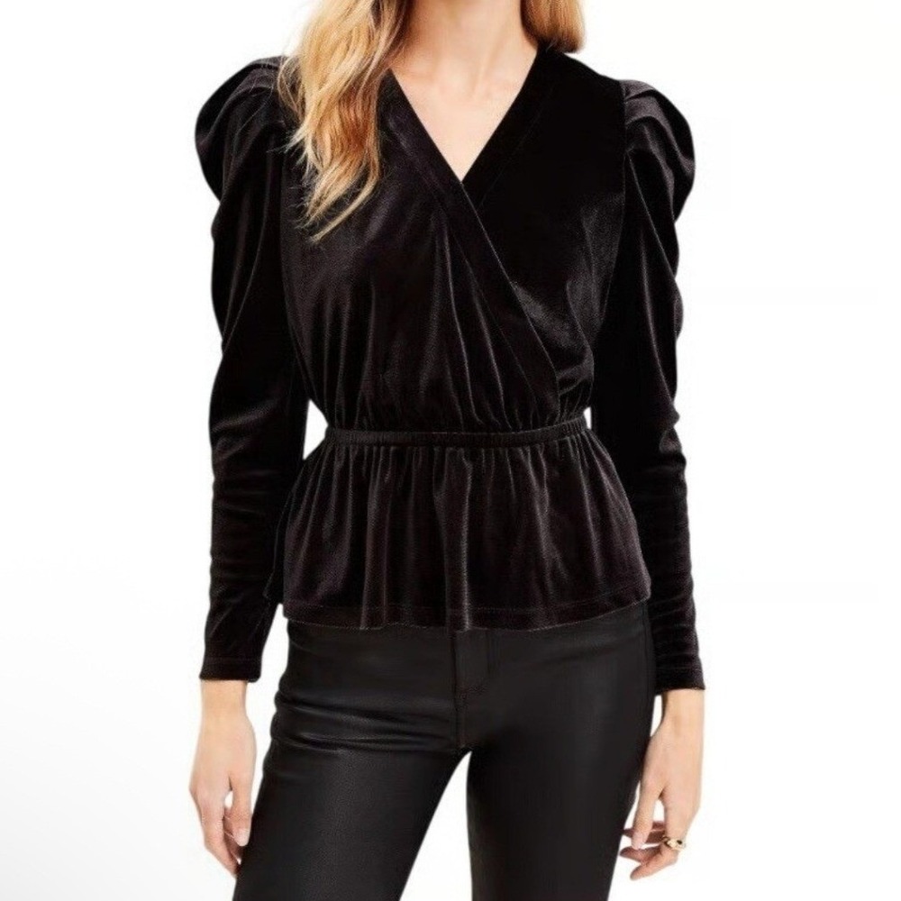 LOFT Womens Black Whimsigoth Velvet Puff Sleeve Peplum Wrap Top Size L
